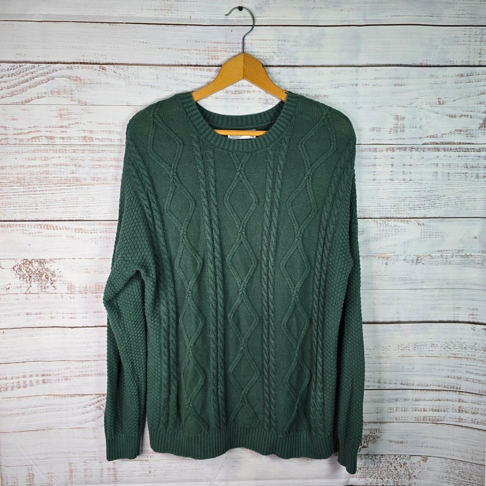 Hollister Green Cable Knit Crewneck Sweater 100% Cotton Size Medium